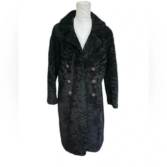 Vintage 1970s Union‑Made Black Fuzzy Peacoat – Double‑Breasted Textured Coat (Si - Picture 4 of 11